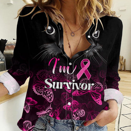 Personalised I Am A Survivor Women Casual Shirt Black Cat Breast Cancer Support