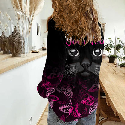 Personalised I Am A Survivor Women Casual Shirt Black Cat Breast Cancer Support