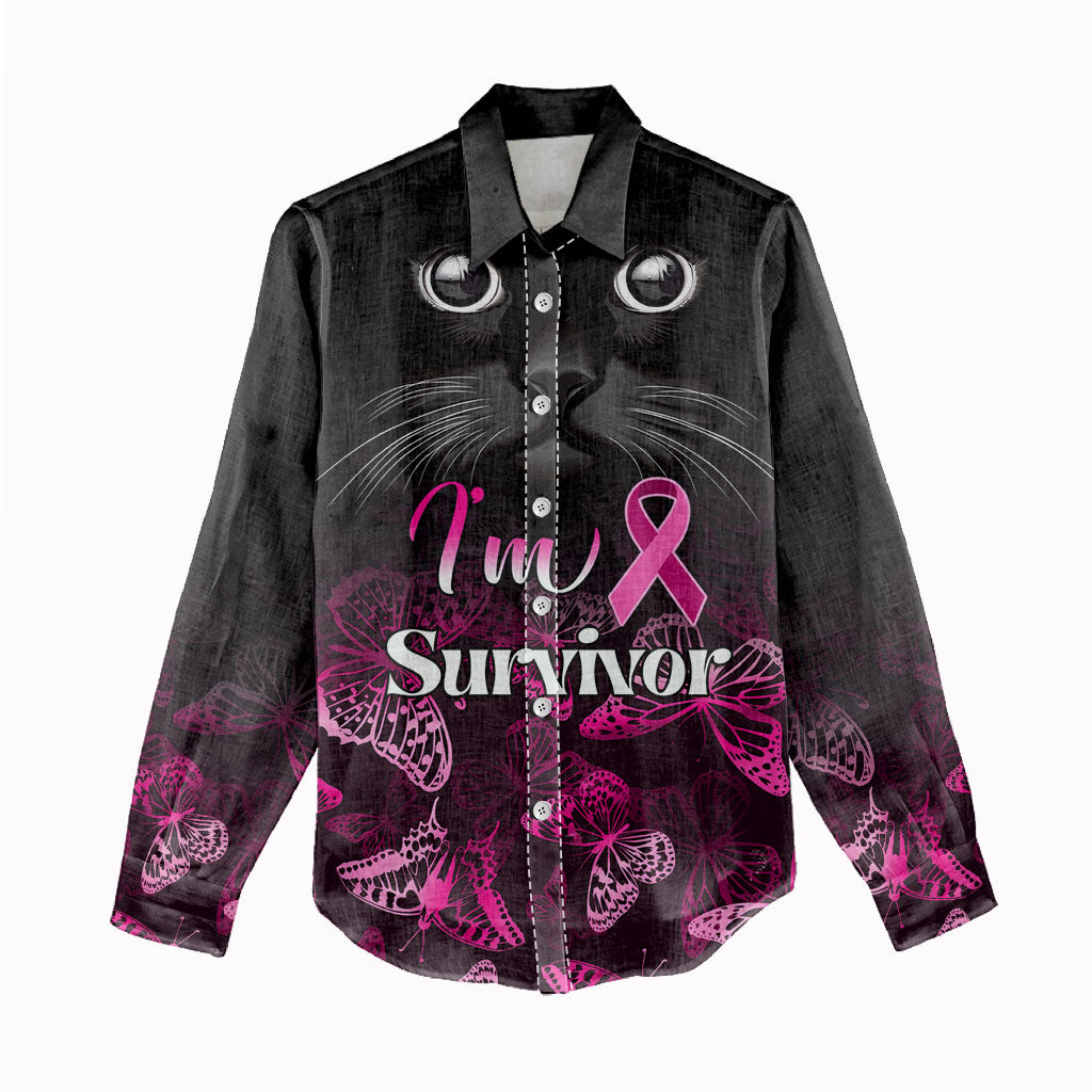 Personalised I Am A Survivor Women Casual Shirt Black Cat Breast Cancer Support