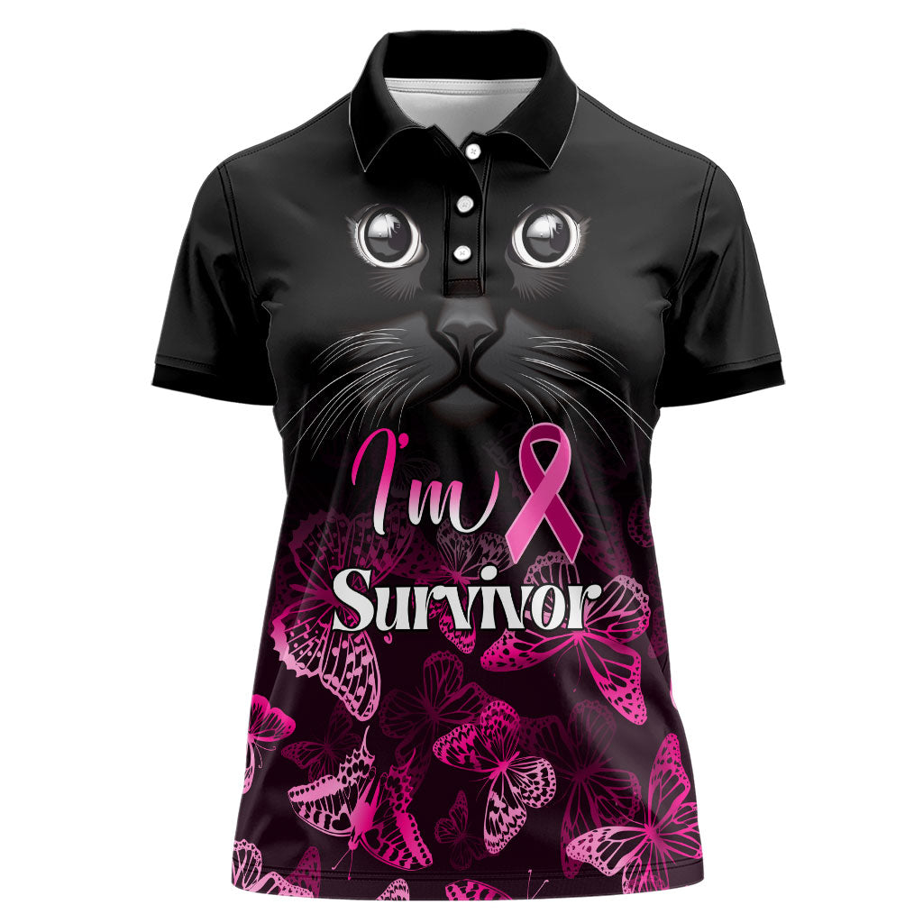 Personalised I Am A Survivor Women Polo Shirt Black Cat Breast Cancer Support