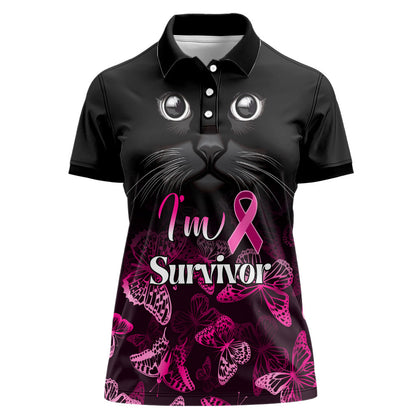 Personalised I Am A Survivor Women Polo Shirt Black Cat Breast Cancer Support