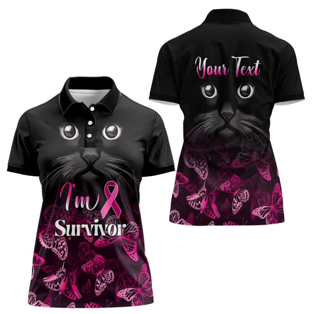 Personalised I Am A Survivor Women Polo Shirt Black Cat Breast Cancer Support