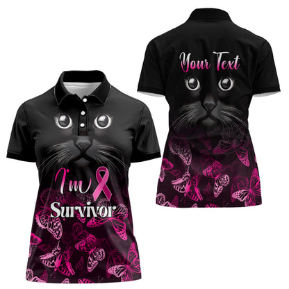 Personalised I Am A Survivor Women Polo Shirt Black Cat Breast Cancer Support