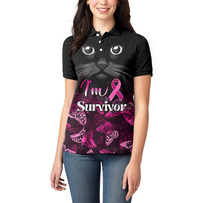 Personalised I Am A Survivor Women Polo Shirt Black Cat Breast Cancer Support