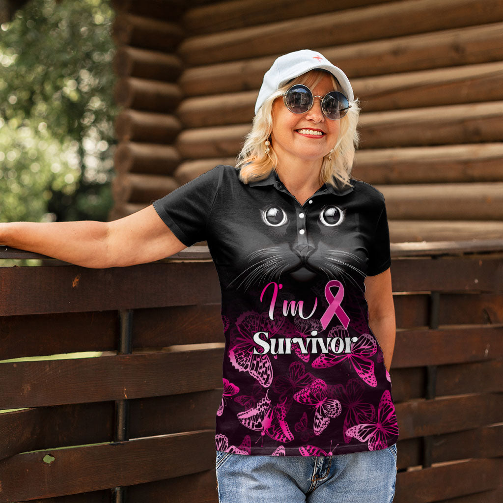 Personalised I Am A Survivor Women Polo Shirt Black Cat Breast Cancer Support
