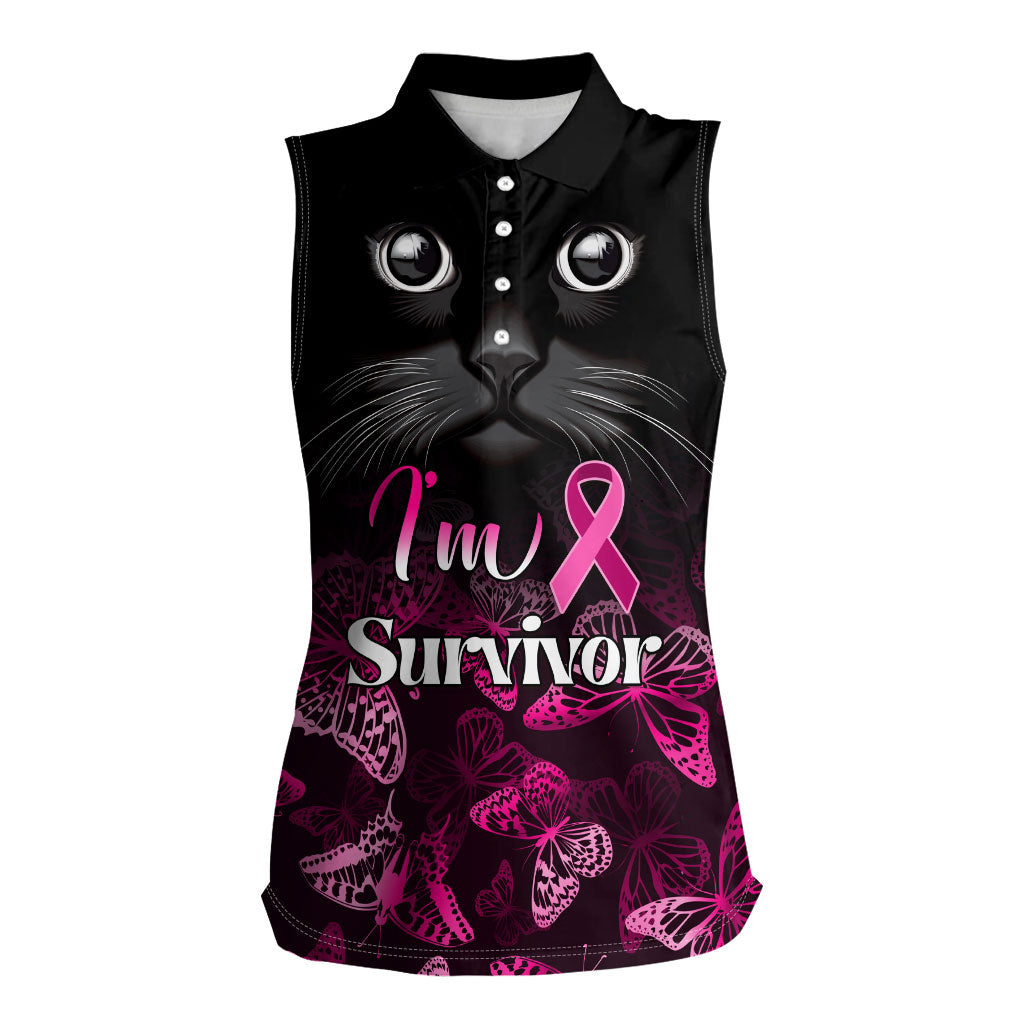 Personalised I Am A Survivor Women Sleeveless Polo Shirt Black Cat Breast Cancer Support
