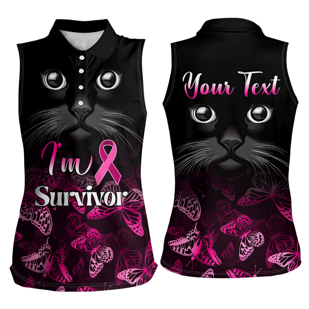 Personalised I Am A Survivor Women Sleeveless Polo Shirt Black Cat Breast Cancer Support