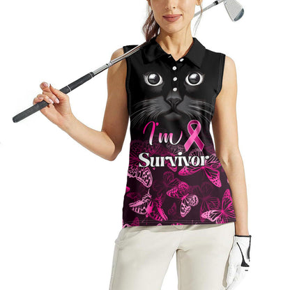 Personalised I Am A Survivor Women Sleeveless Polo Shirt Black Cat Breast Cancer Support