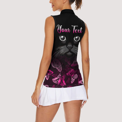 Personalised I Am A Survivor Women Sleeveless Polo Shirt Black Cat Breast Cancer Support