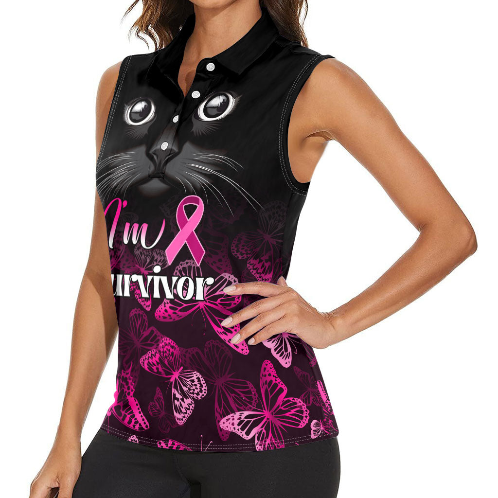 Personalised I Am A Survivor Women Sleeveless Polo Shirt Black Cat Breast Cancer Support