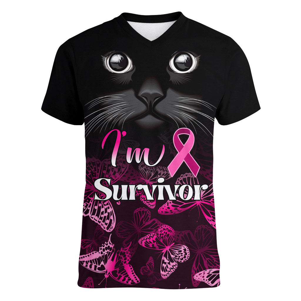 Personalised I Am A Survivor Women V-Neck T-Shirt Black Cat Breast Cancer Support