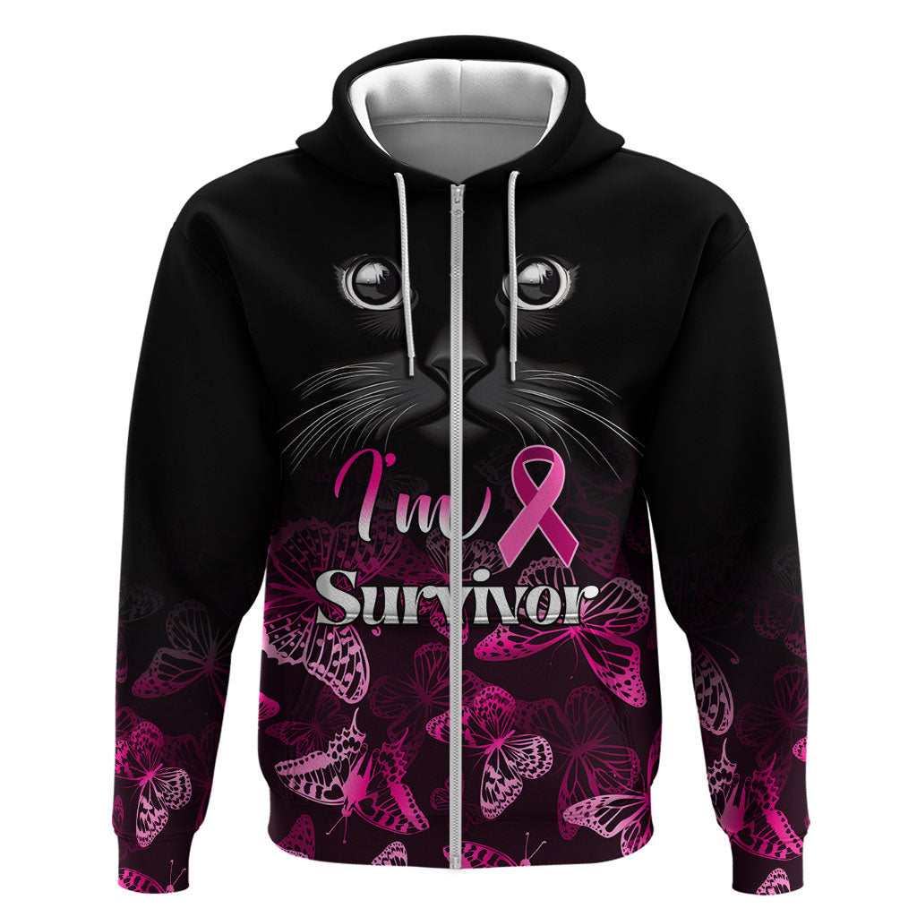Personalised I Am A Survivor Zip Hoodie Black Cat Breast Cancer Support