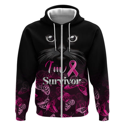 Personalised I Am A Survivor Zip Hoodie Black Cat Breast Cancer Support