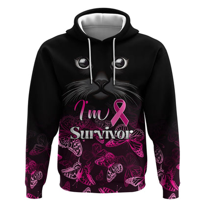 Personalised I Am A Survivor Zip Hoodie Black Cat Breast Cancer Support