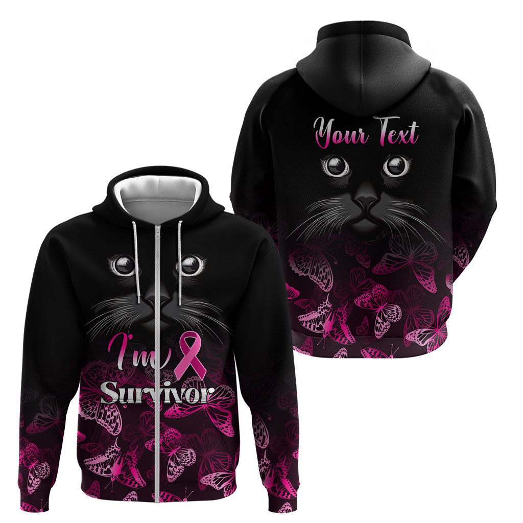 Personalised I Am A Survivor Zip Hoodie Black Cat Breast Cancer Support