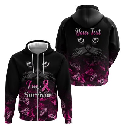 Personalised I Am A Survivor Zip Hoodie Black Cat Breast Cancer Support