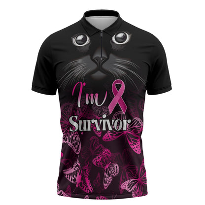 Personalised I Am A Survivor Zipper Polo Shirt Black Cat Breast Cancer Support