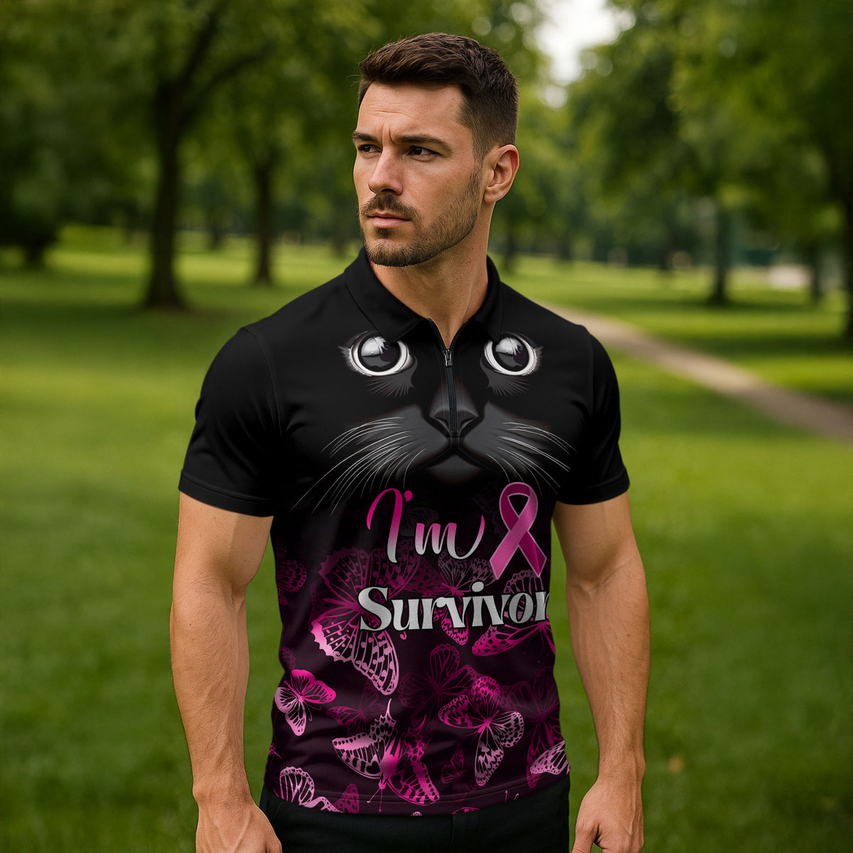 Personalised I Am A Survivor Zipper Polo Shirt Black Cat Breast Cancer Support