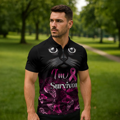 Personalised I Am A Survivor Zipper Polo Shirt Black Cat Breast Cancer Support