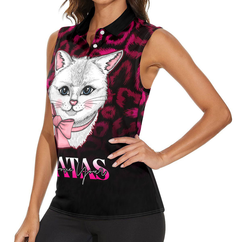 Personalised Love Your Tatas Women Sleeveless Polo Shirt Cat Breast Cancer Support