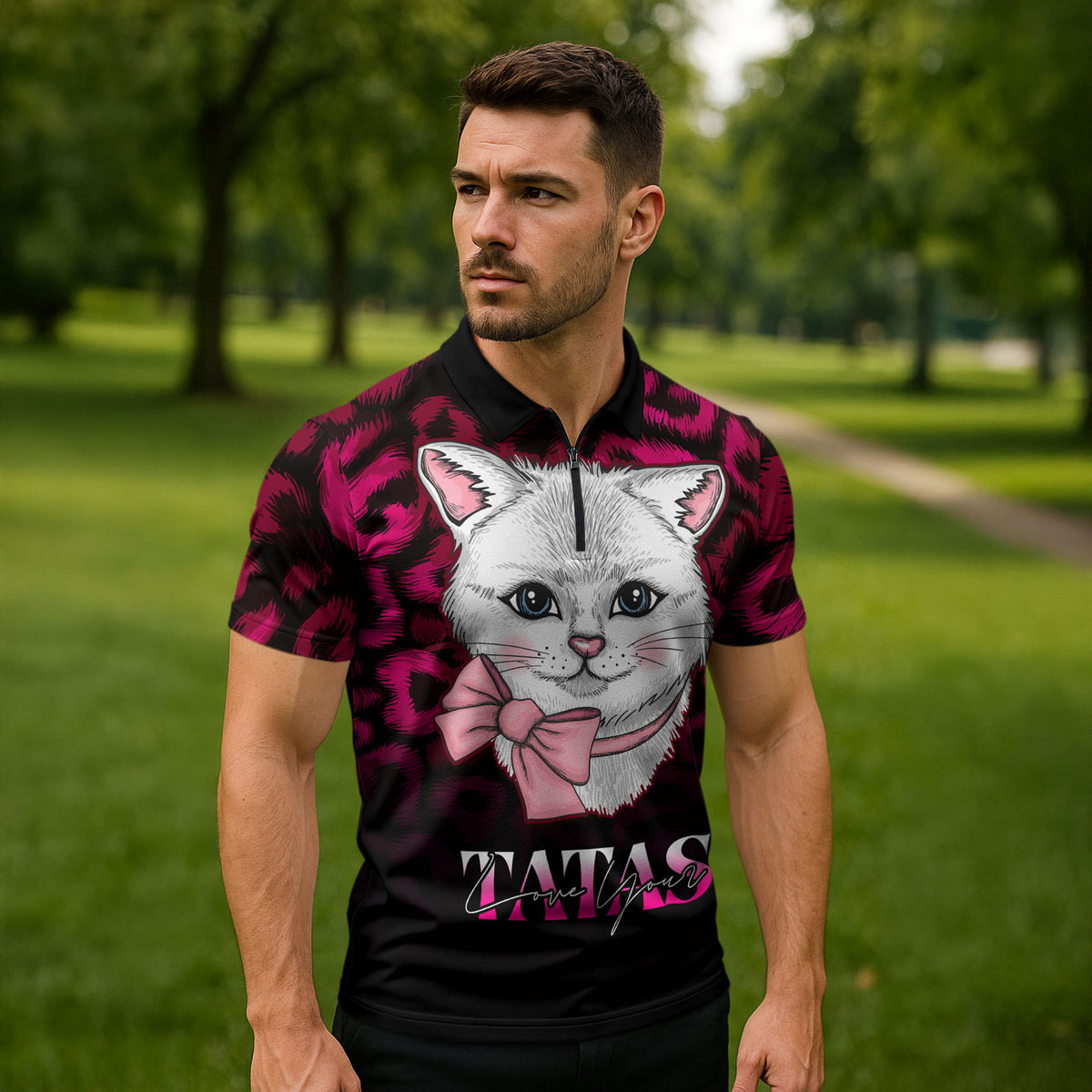 Personalised Love Your Tatas Zipper Polo Shirt Cat Breast Cancer Support