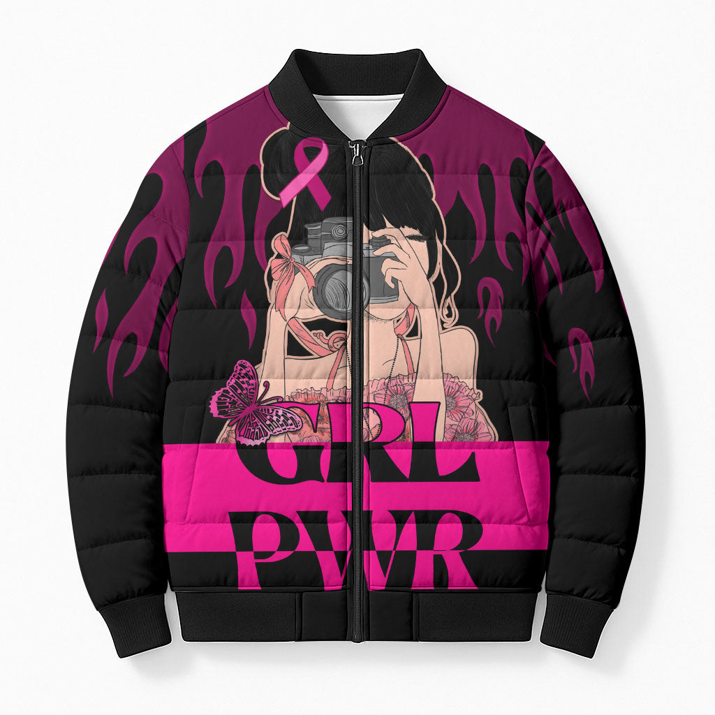 Personalised Girl Power Bomber Puffer Jacket Day Of The Girl Breast Cancer Support