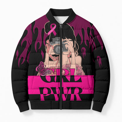 Personalised Girl Power Bomber Puffer Jacket Day Of The Girl Breast Cancer Support