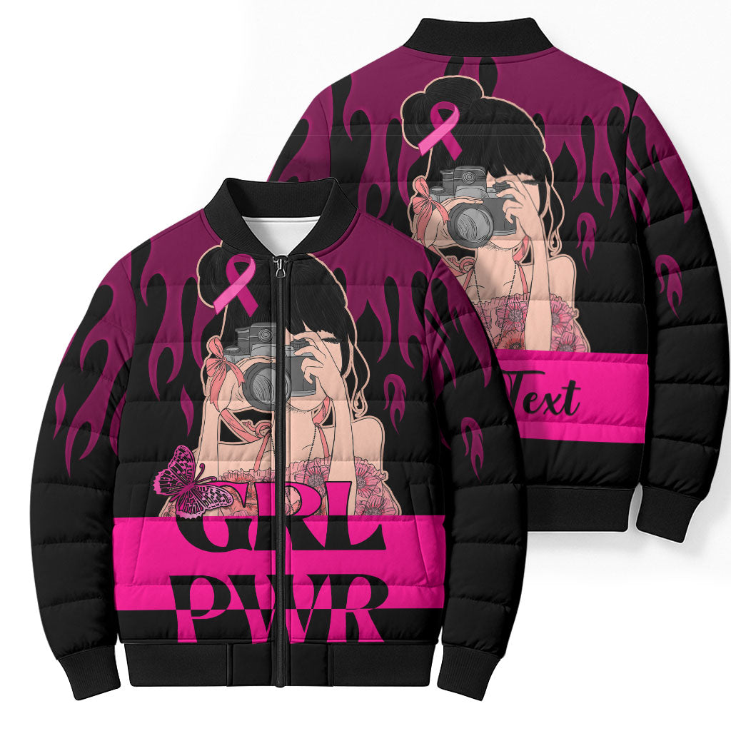 Personalised Girl Power Bomber Puffer Jacket Day Of The Girl Breast Cancer Support