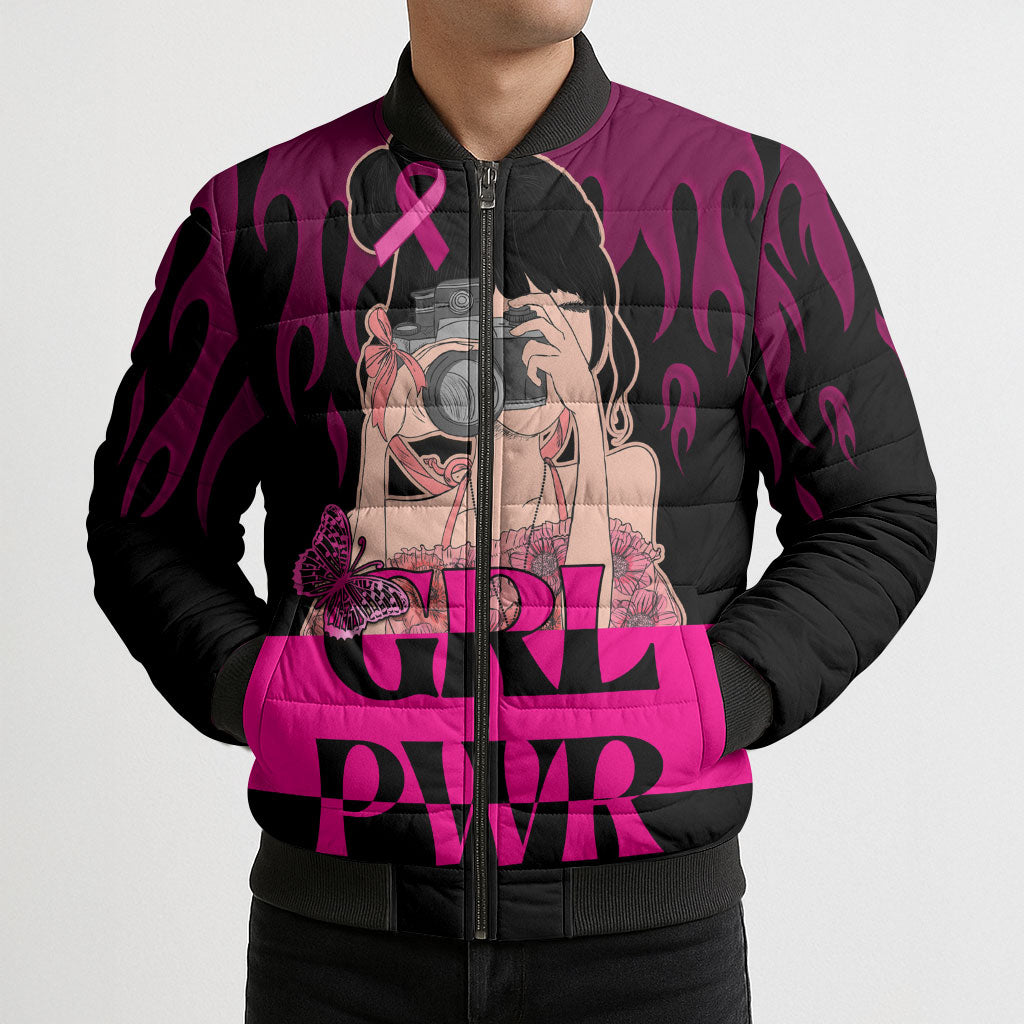 Personalised Girl Power Bomber Puffer Jacket Day Of The Girl Breast Cancer Support