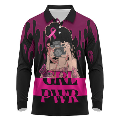 Personalised Girl Power Long Sleeve Polo Shirt Day Of The Girl Breast Cancer Support