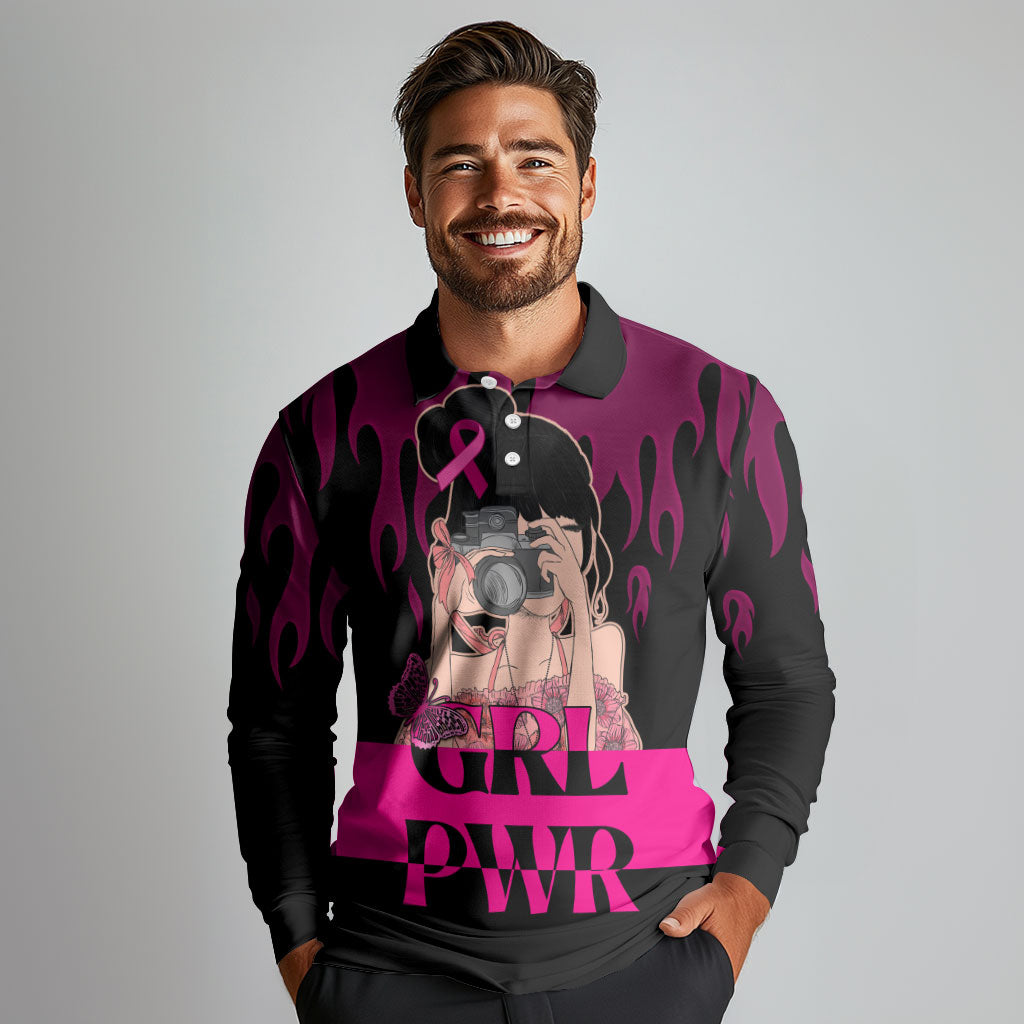 Personalised Girl Power Long Sleeve Polo Shirt Day Of The Girl Breast Cancer Support