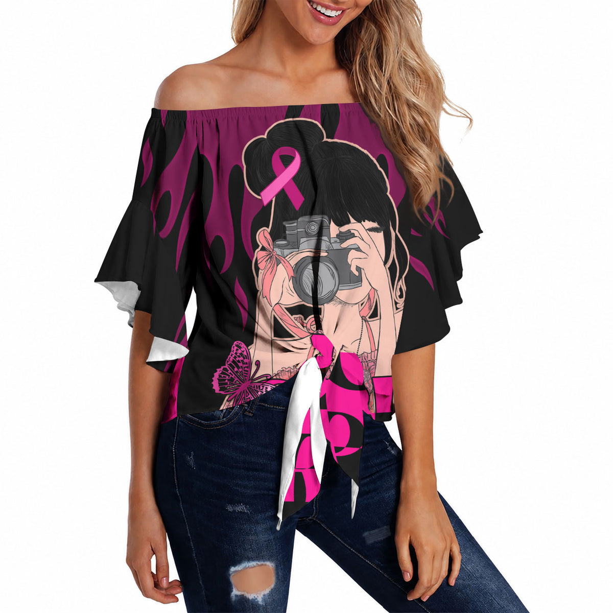 Personalised Girl Power Off Shoulder Wrap Waist Top Day Of The Girl Breast Cancer Support