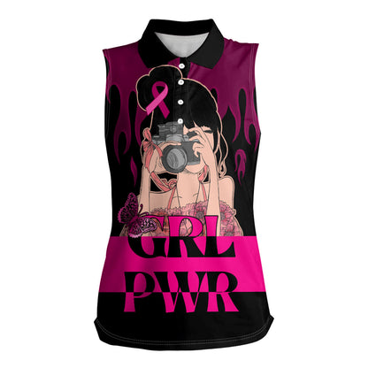 Personalised Girl Power Women Sleeveless Polo Shirt Day Of The Girl Breast Cancer Support