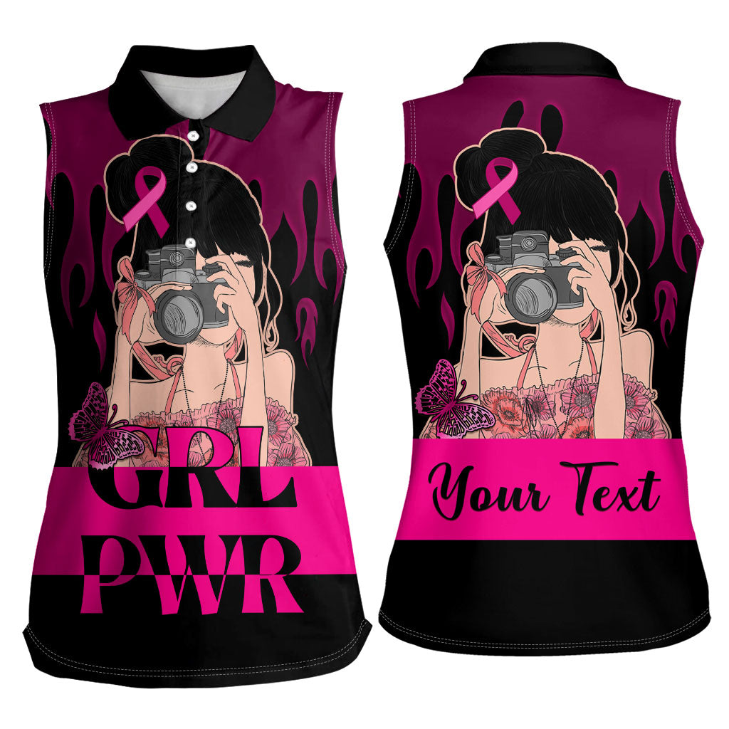 Personalised Girl Power Women Sleeveless Polo Shirt Day Of The Girl Breast Cancer Support