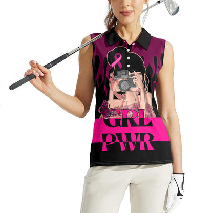 Personalised Girl Power Women Sleeveless Polo Shirt Day Of The Girl Breast Cancer Support