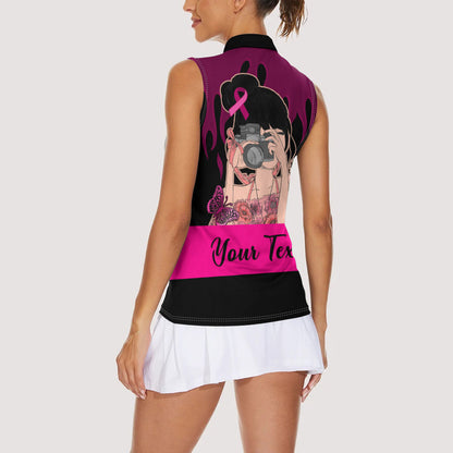 Personalised Girl Power Women Sleeveless Polo Shirt Day Of The Girl Breast Cancer Support