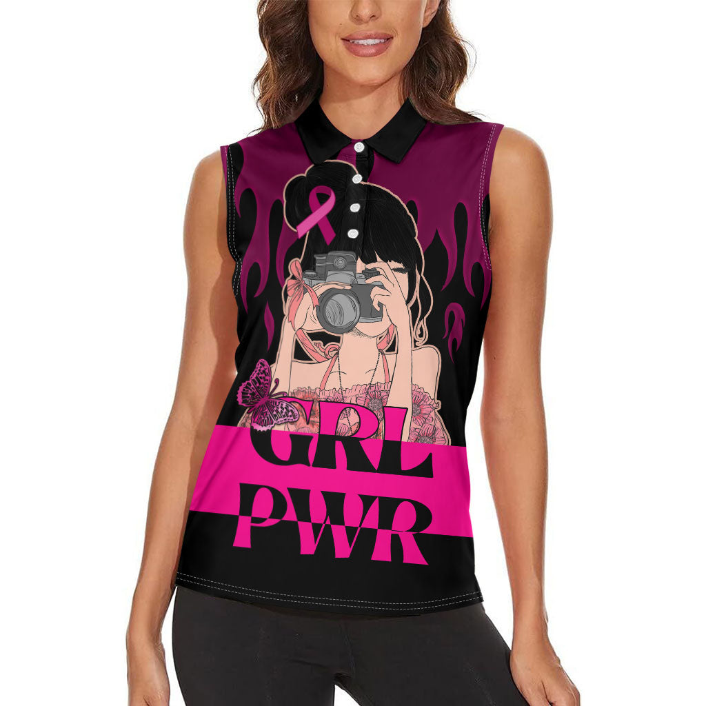 Personalised Girl Power Women Sleeveless Polo Shirt Day Of The Girl Breast Cancer Support