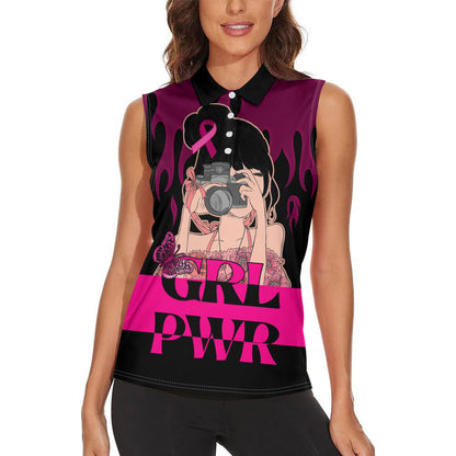 Personalised Girl Power Women Sleeveless Polo Shirt Day Of The Girl Breast Cancer Support