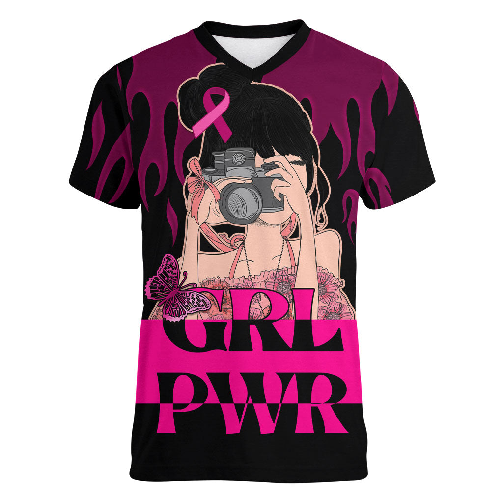 Personalised Girl Power Women V-Neck T-Shirt Day Of The Girl Breast Cancer Support