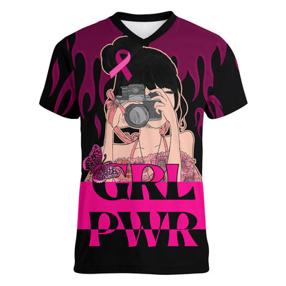 Personalised Girl Power Women V-Neck T-Shirt Day Of The Girl Breast Cancer Support