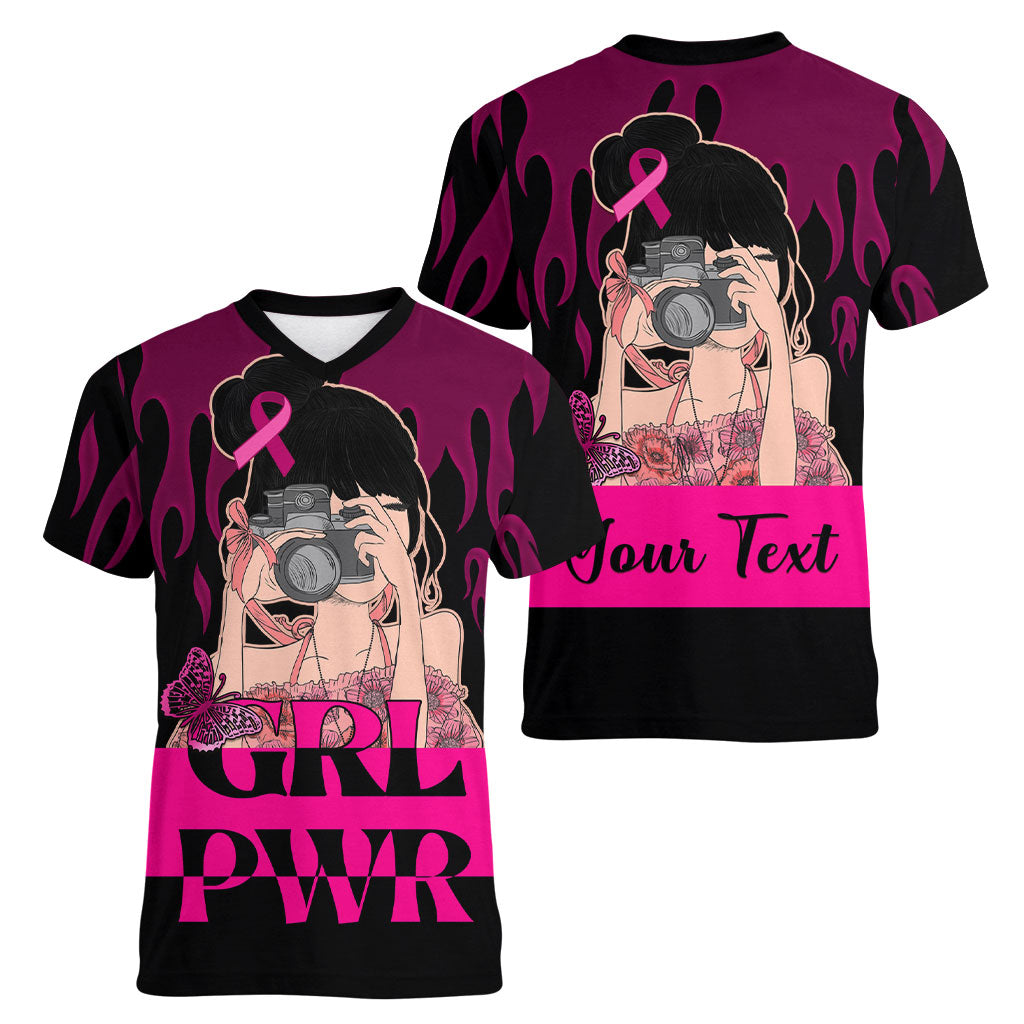 Personalised Girl Power Women V-Neck T-Shirt Day Of The Girl Breast Cancer Support