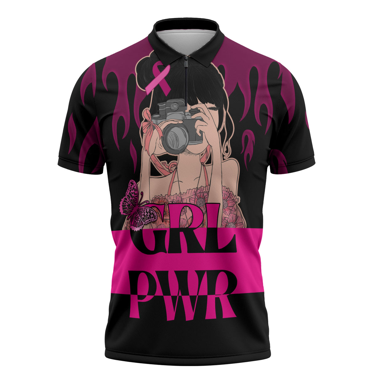Personalised Girl Power Zipper Polo Shirt Day Of The Girl Breast Cancer Support