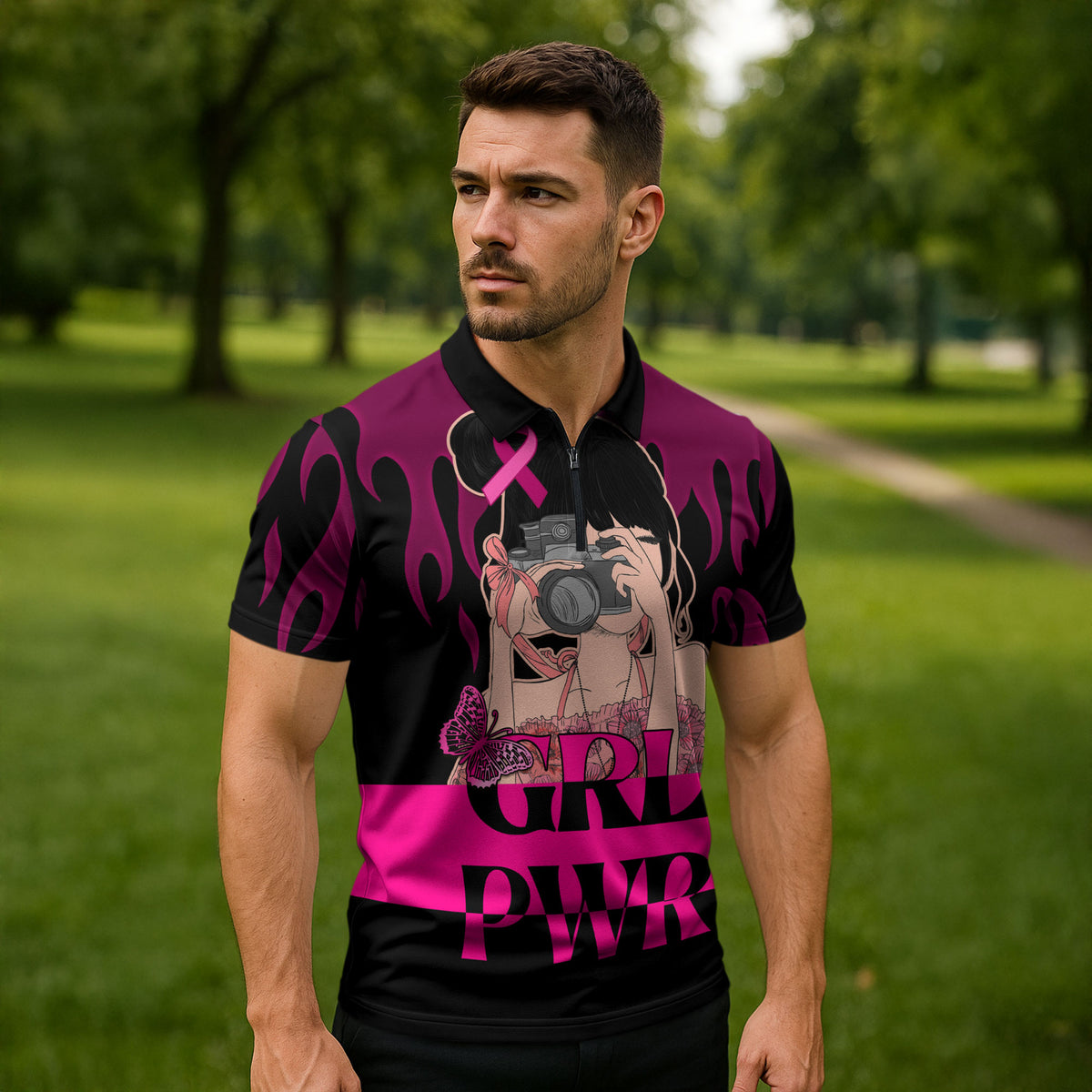 Personalised Girl Power Zipper Polo Shirt Day Of The Girl Breast Cancer Support
