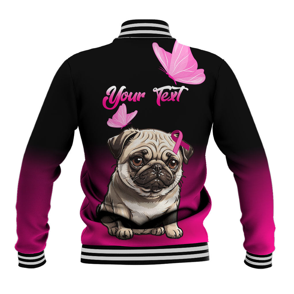 Personalised Pink Out Baseball Jacket Pug Dog Breast Cancer Support