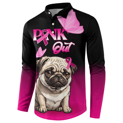 Personalised Pink Out Button Sweatshirt Pug Dog Breast Cancer Support
