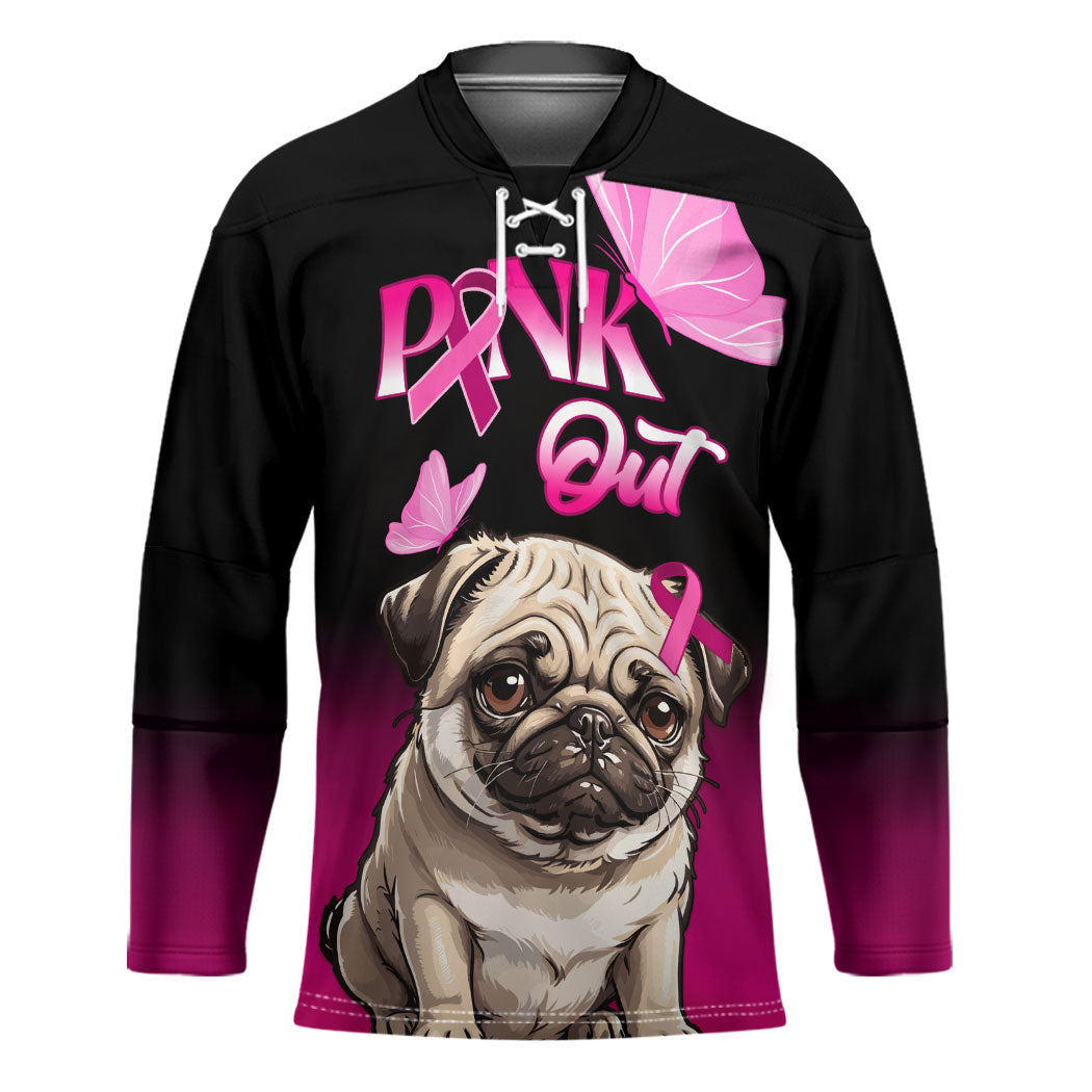 Personalised Pink Out Hockey Jersey Pug Dog Breast Cancer Support