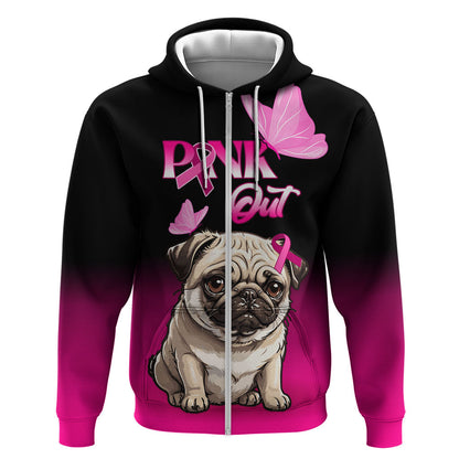 Personalised Pink Out Hoodie Pug Dog Breast Cancer Support