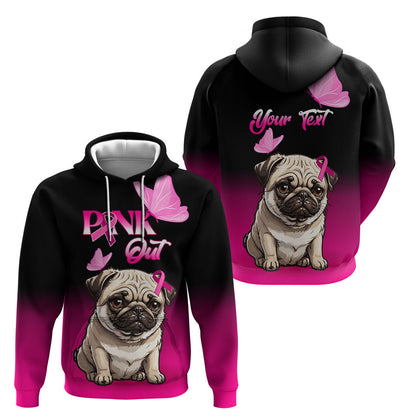 Personalised Pink Out Hoodie Pug Dog Breast Cancer Support
