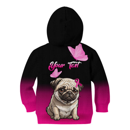 Personalised Pink Out Kid Hoodie Pug Dog Breast Cancer Support