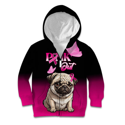 Personalised Pink Out Kid Hoodie Pug Dog Breast Cancer Support